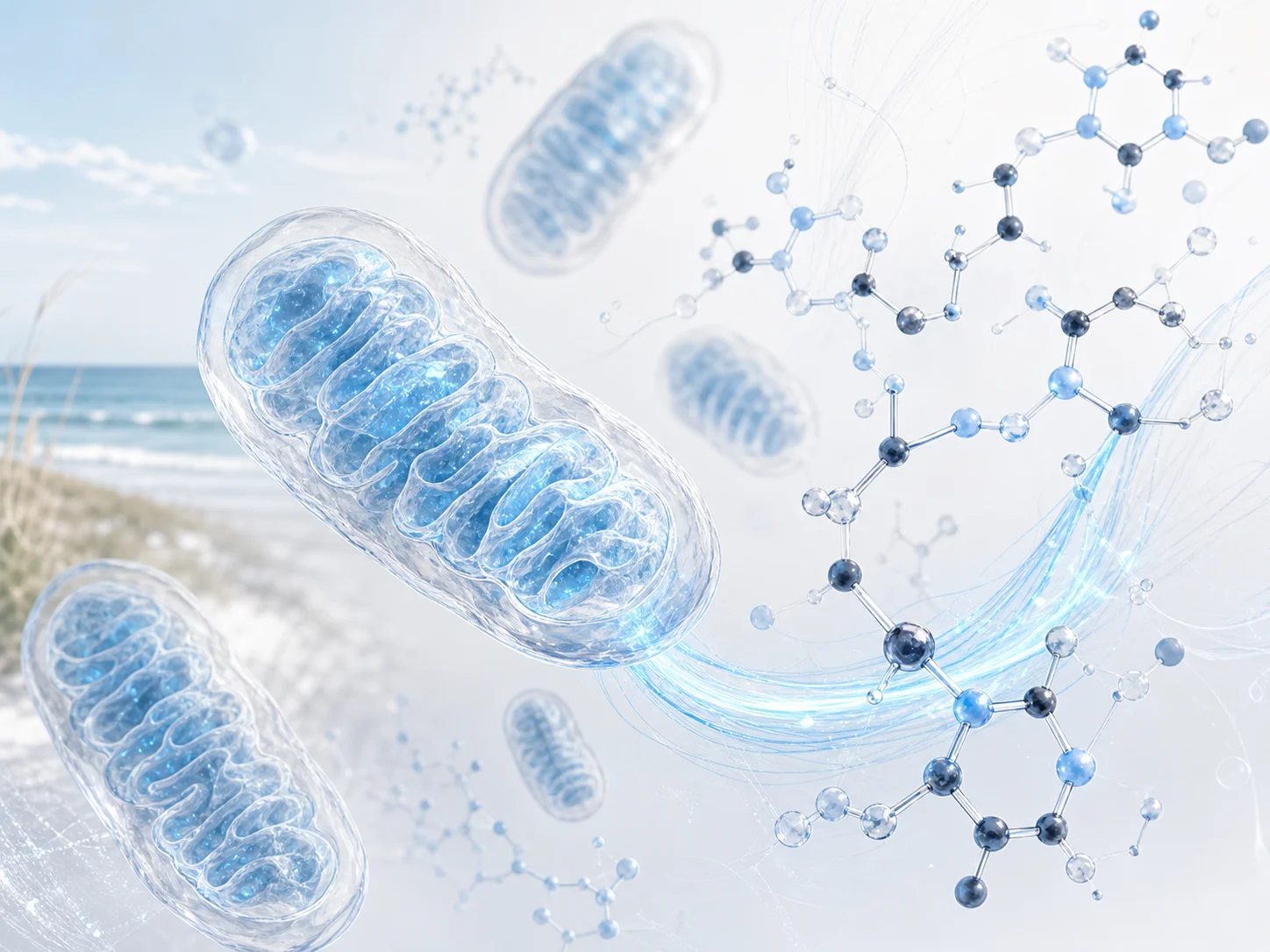 Illustration of mitochondria and the NAD+ pathway that declines with age