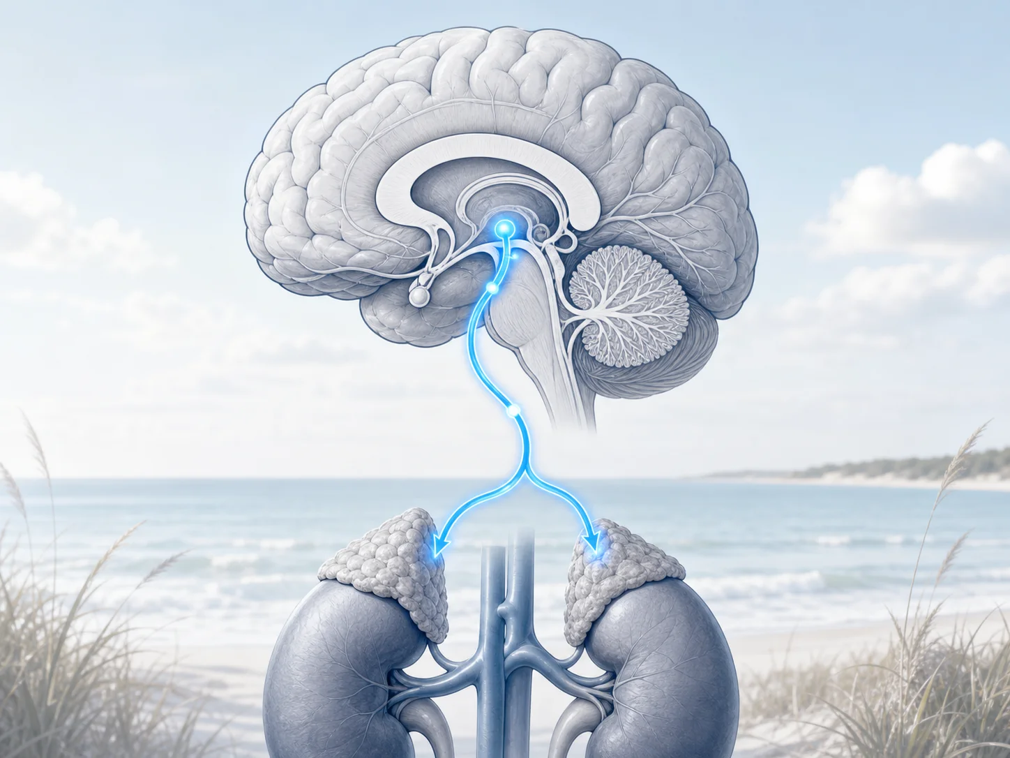 Illustration of the brain and adrenal glands connected along the HPA axis