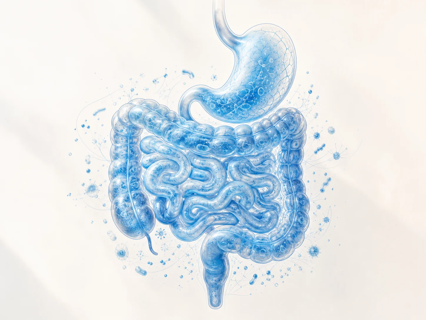 Illustration of the stomach and intestines with a calm gut microbiome