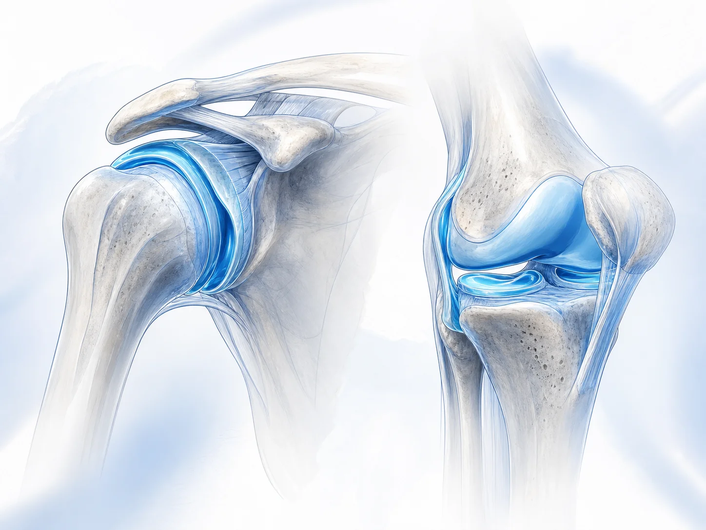 Illustration of shoulder and knee joint anatomy with cartilage and synovial structures