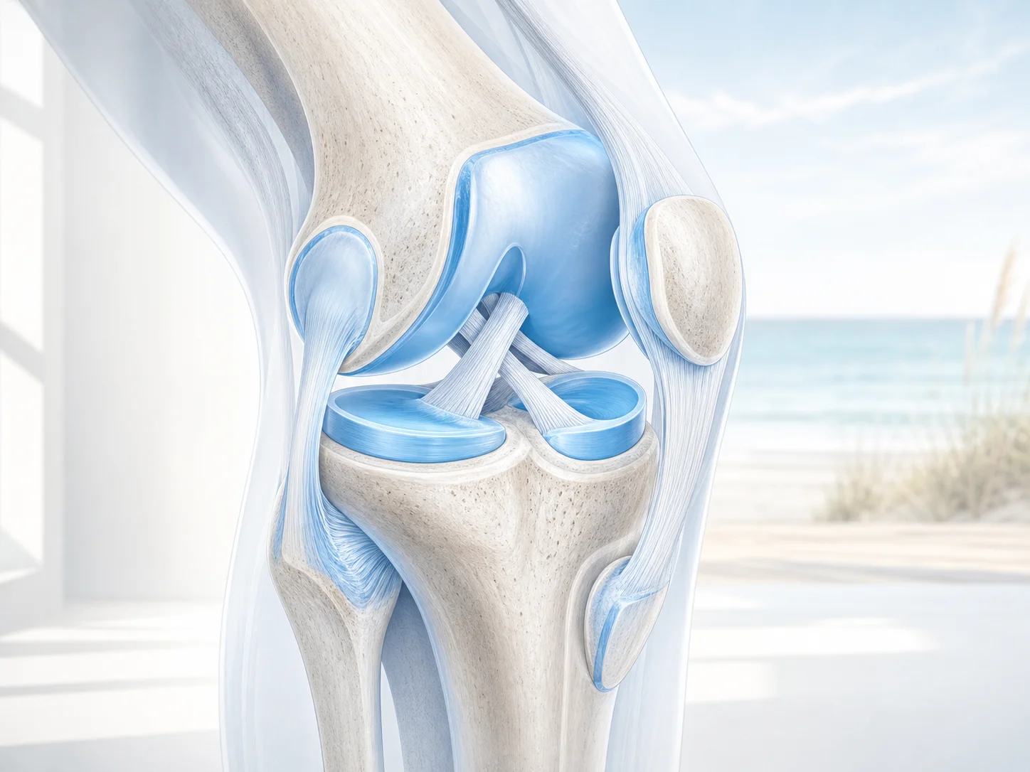 Illustration of a knee joint cross-section showing femur, patella, meniscus, and ligaments
