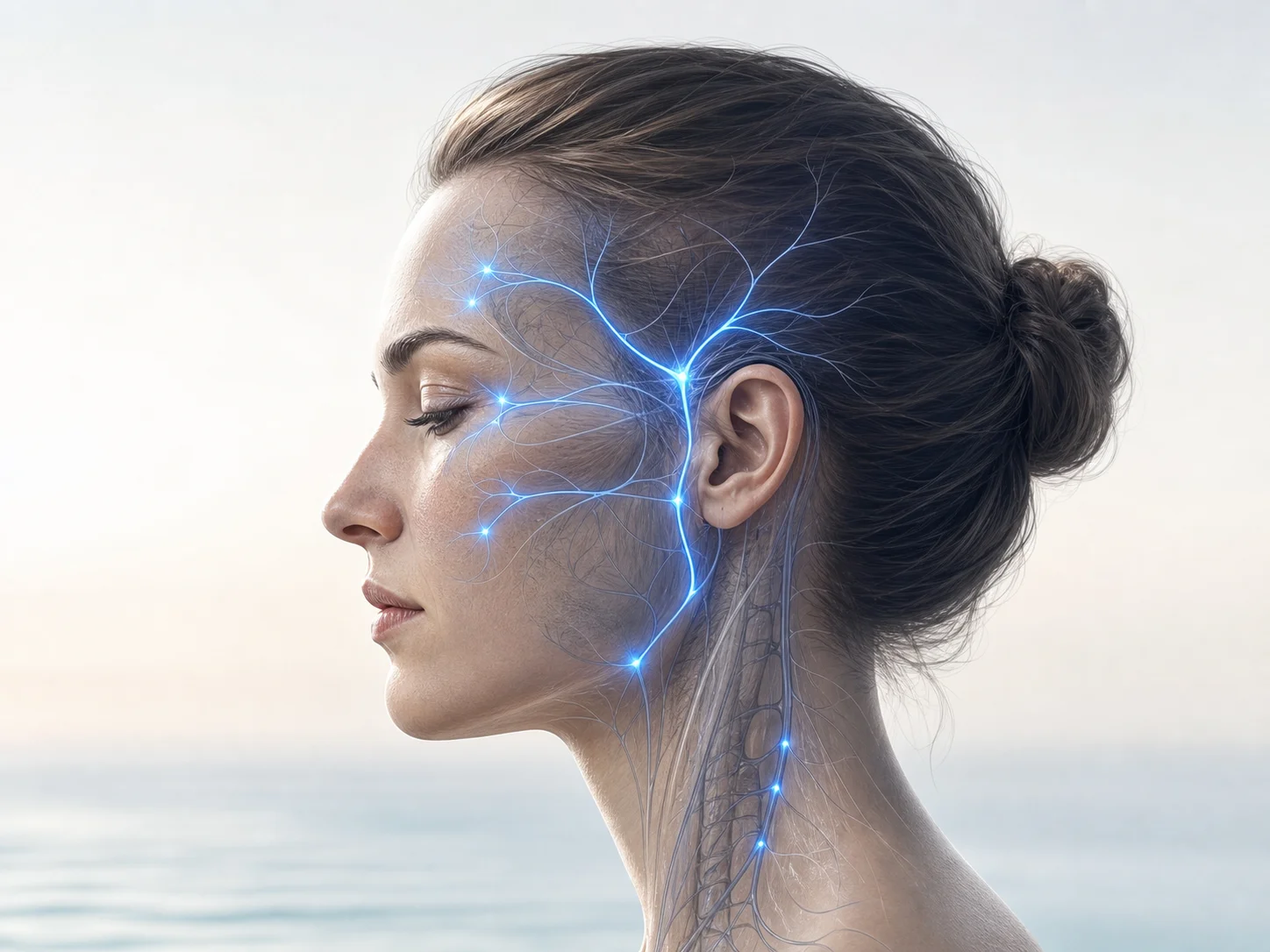 Illustration of a head in profile with neurovascular pathways at the temple