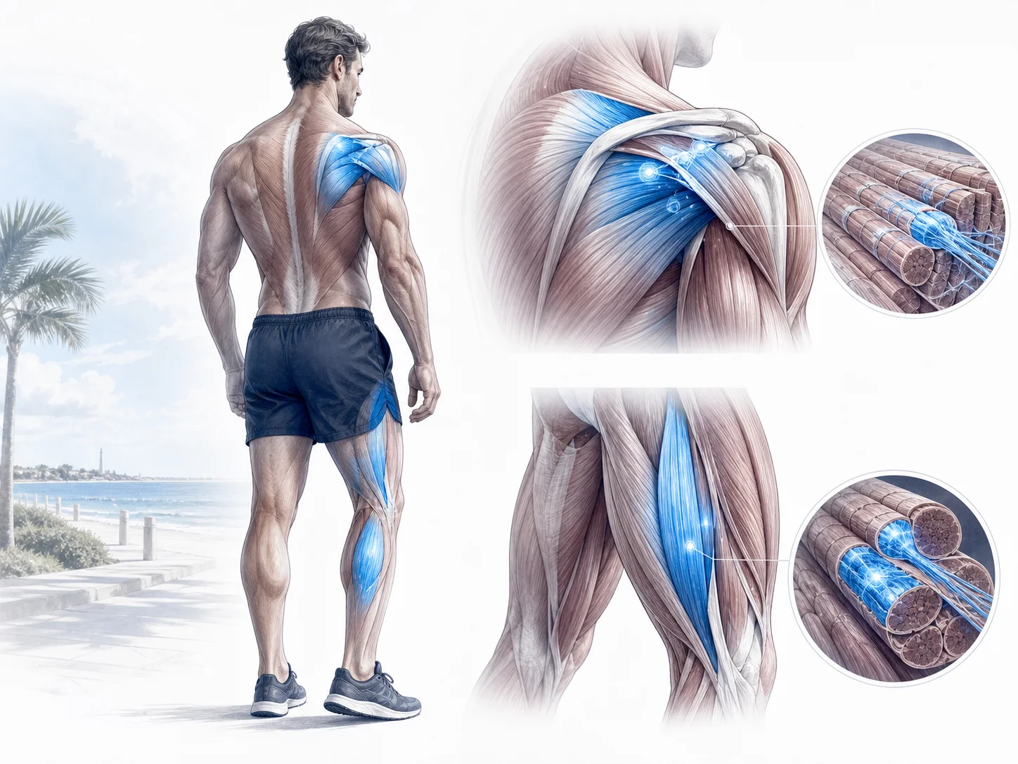 Illustration of shoulder and leg musculature with recovering muscle fibers