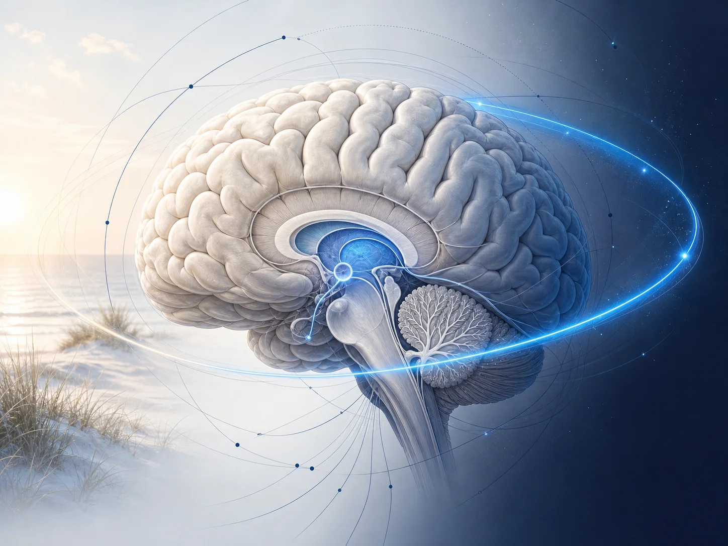 Illustration of the brain with the circadian rhythm cycle across day and night