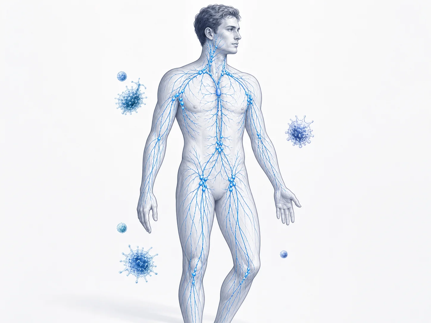 Illustration of the lymphatic network and immune cells in the human body