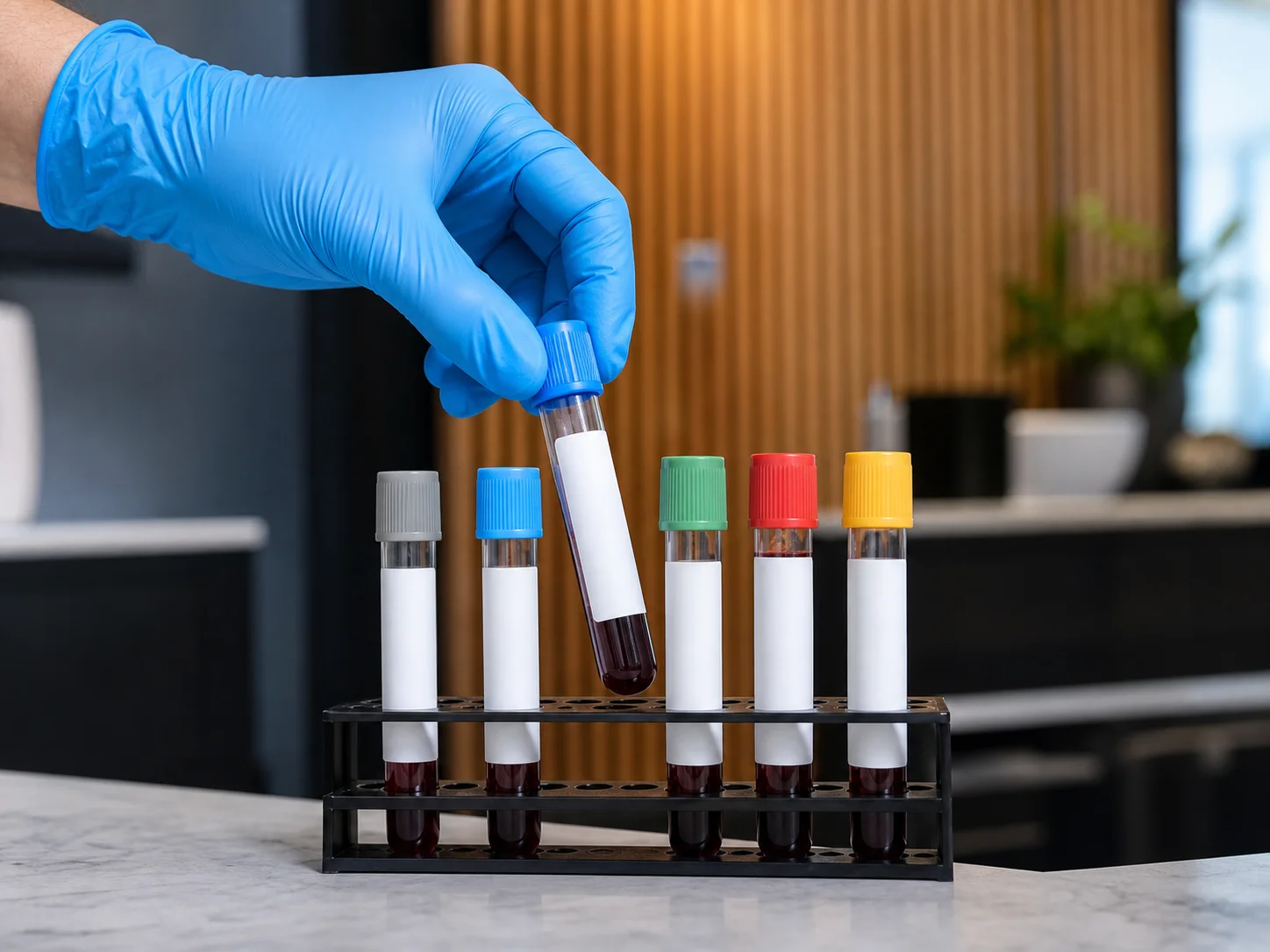 Gloved hand placing blood collection vials in a rack for a full panel