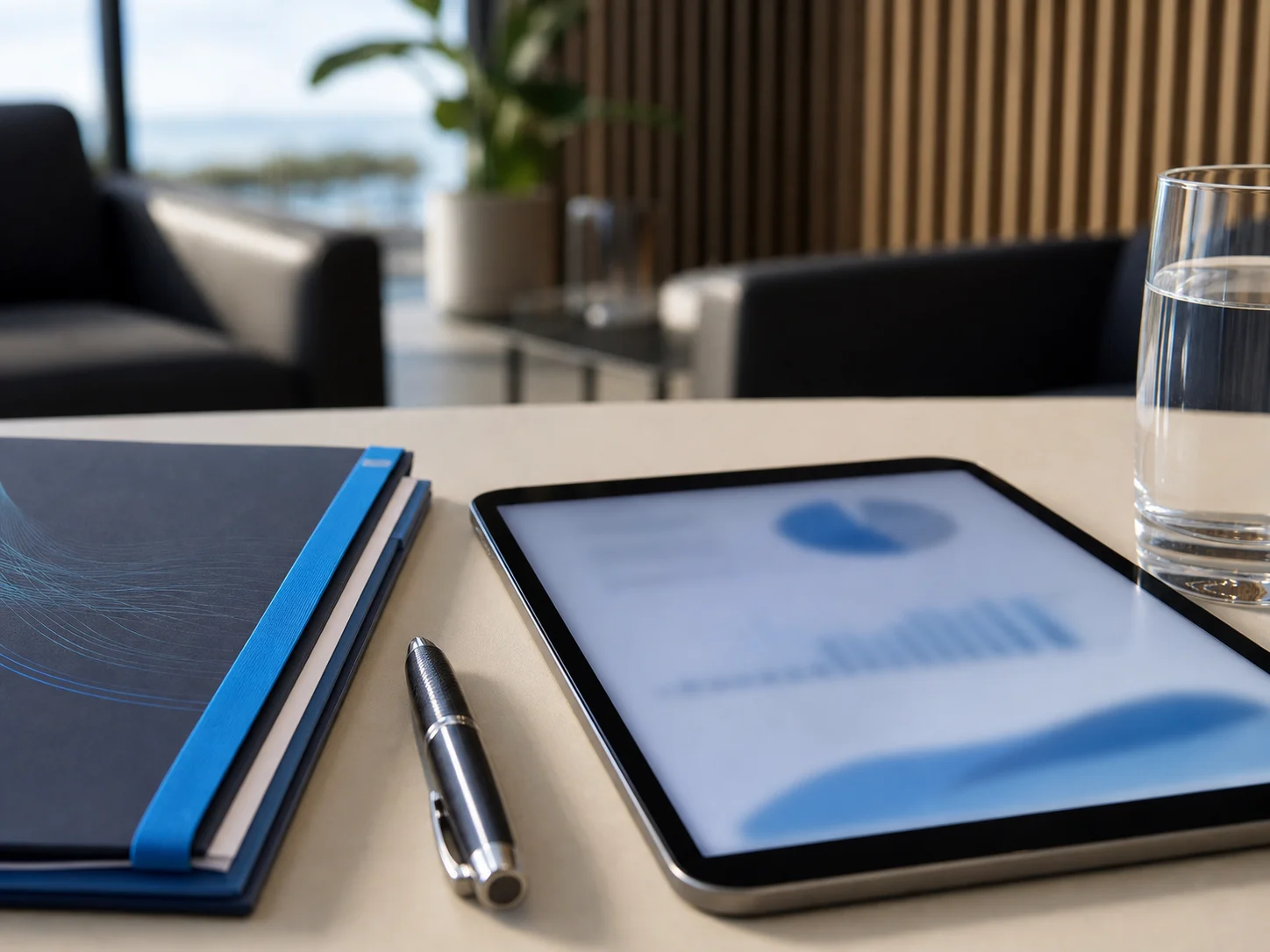 Health plan folder and tablet on a consult desk after a provider visit