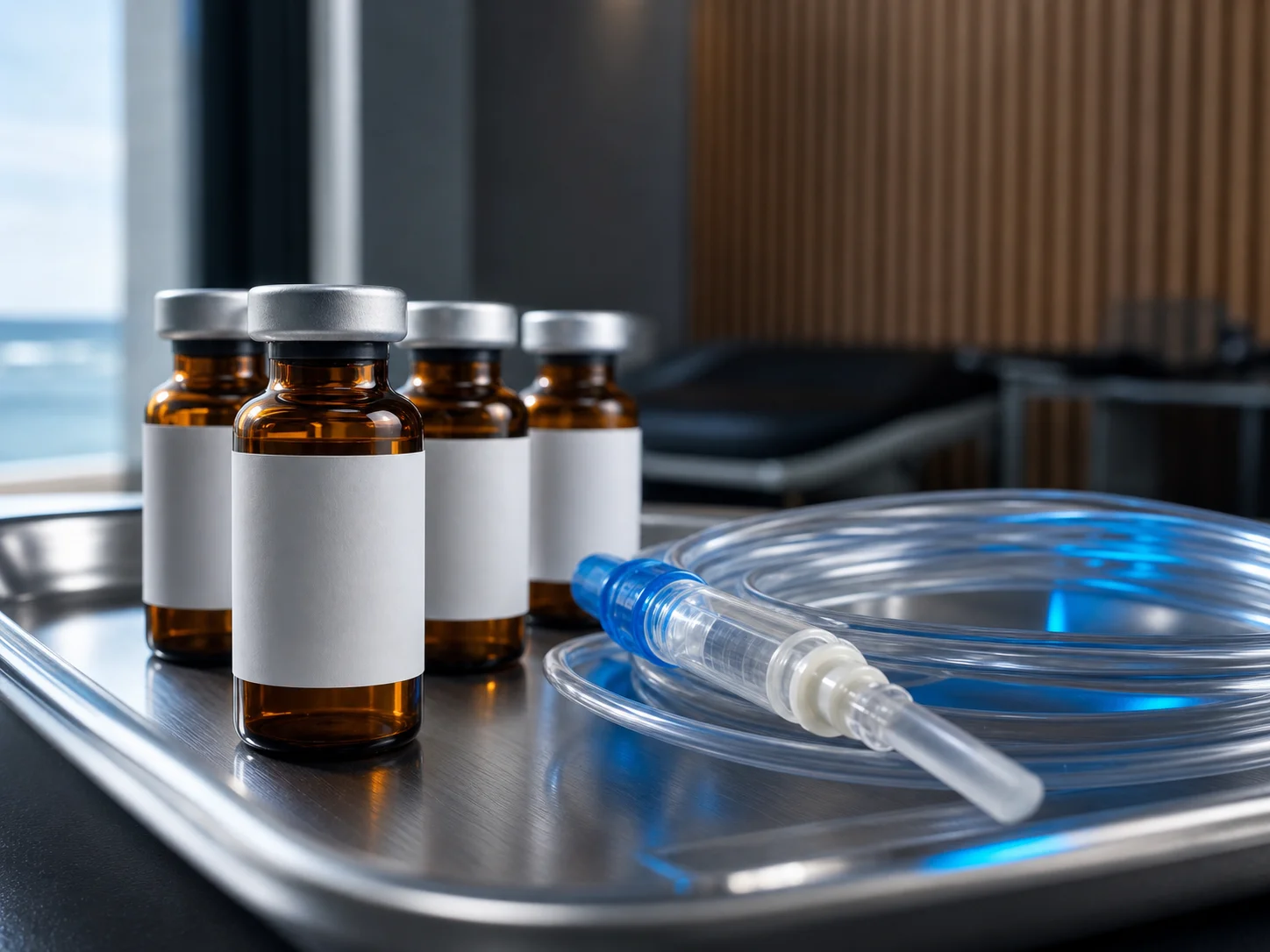 Amber vials of glutathione and alpha lipoic acid beside a coiled IV line