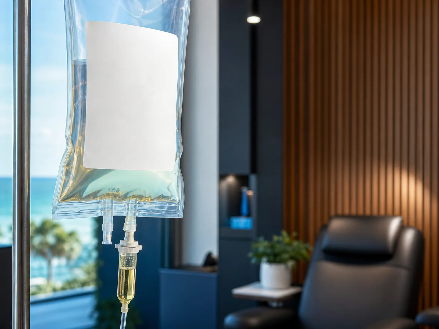 IV bag and drip chamber prepared for a high-dose vitamin C infusion