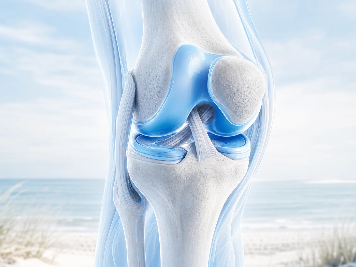 Illustration of knee joint anatomy showing the femur, patella, meniscus, and ligaments