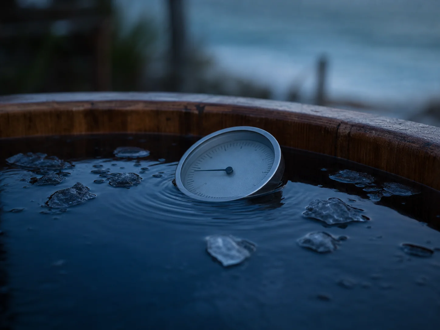 Analog thermometer and ice fragments at the surface of the cold plunge tub