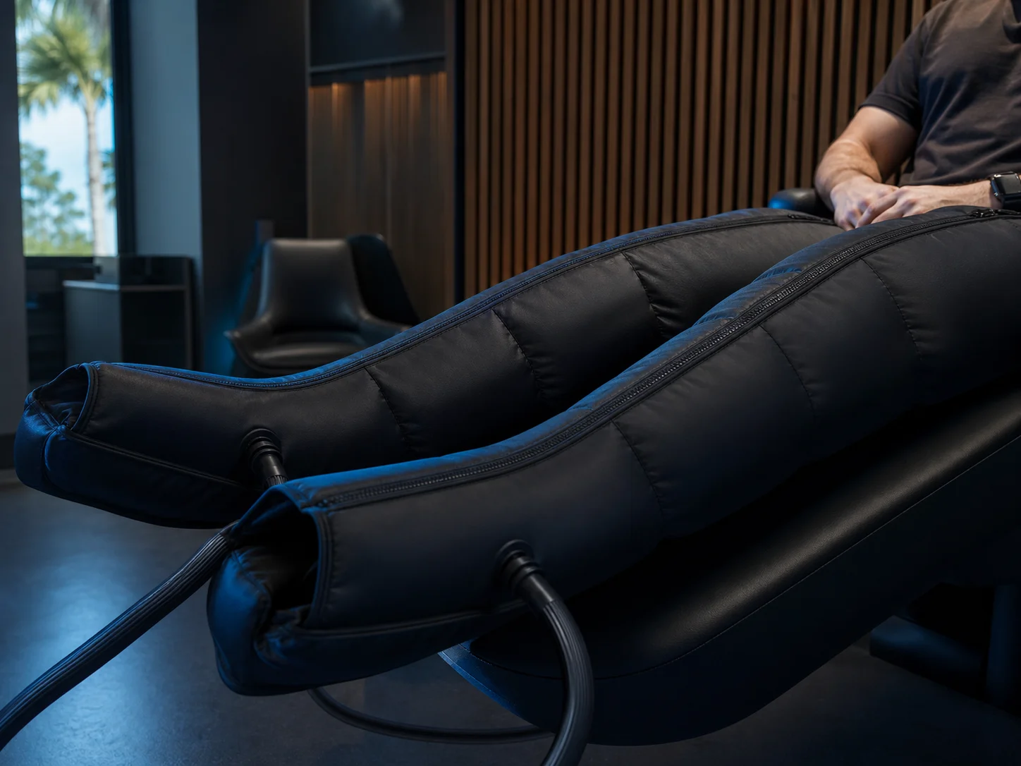 Sequential compression chambers inflating along a leg sleeve in the Recovery & Performance Lab