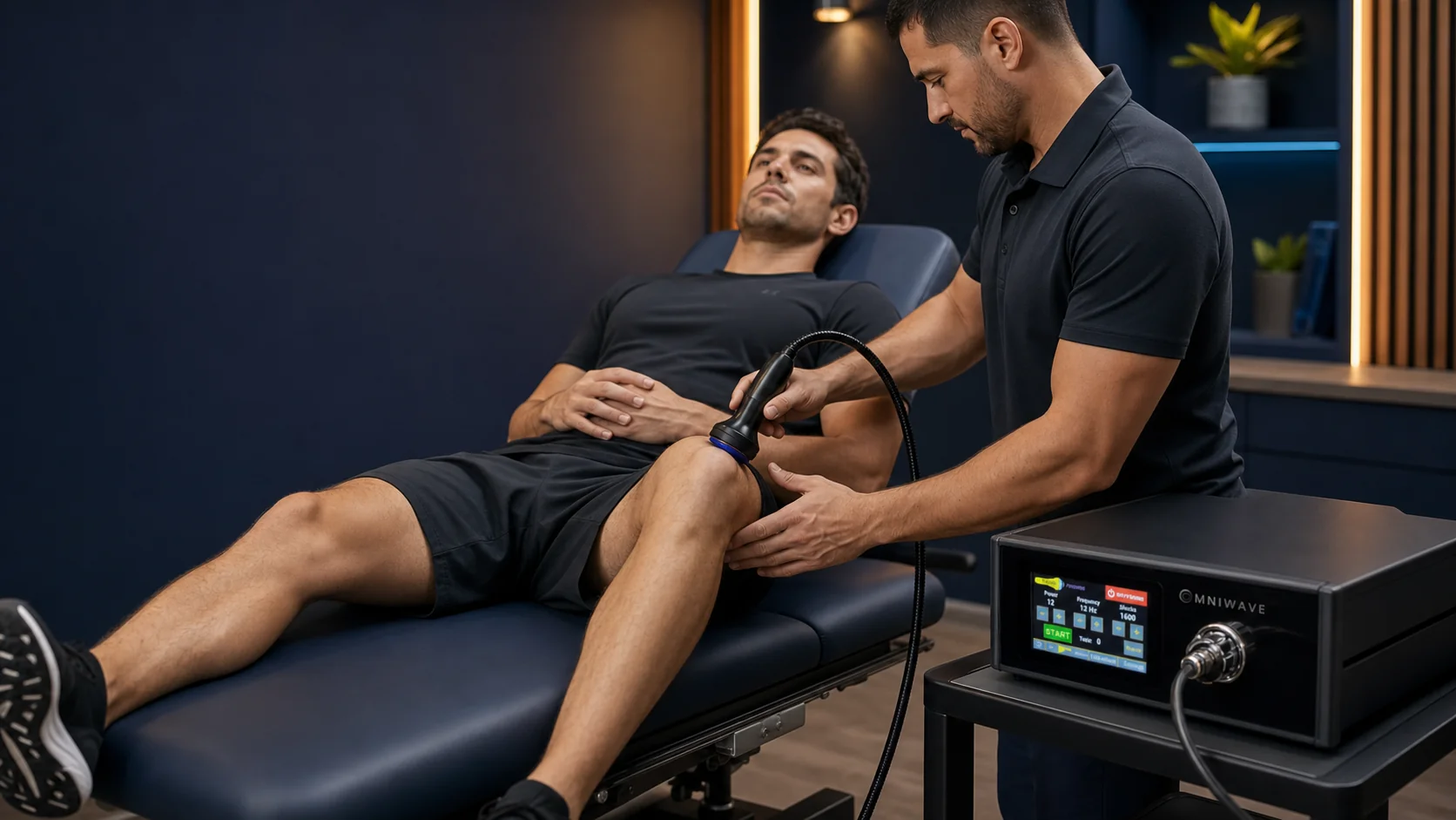 Provider treating a patient's knee with the Omniwave focused shockwave system at InnerWorks St. Augustine