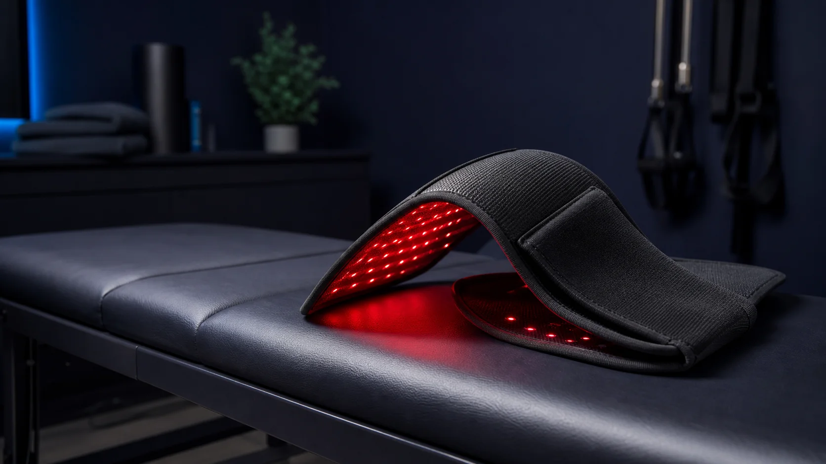 Close-up of a near-infrared light therapy wrap conforming around a patient's knee