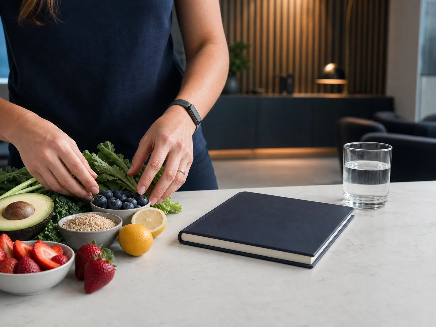 Fresh whole foods arranged beside a meal-planning journal during a nutrition consult