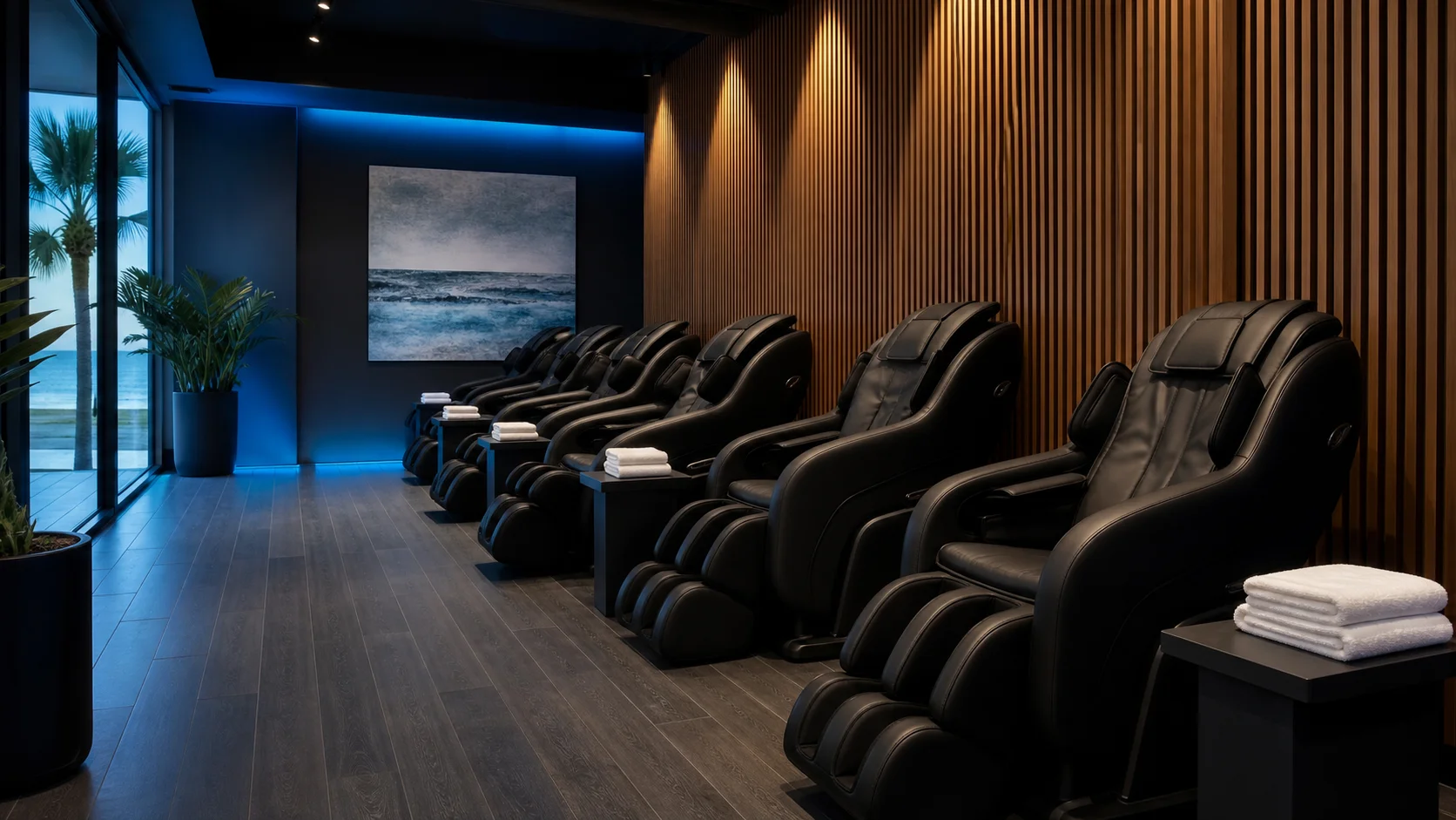 Quiet, dimly lit relaxation lounge with massage chairs at InnerWorks