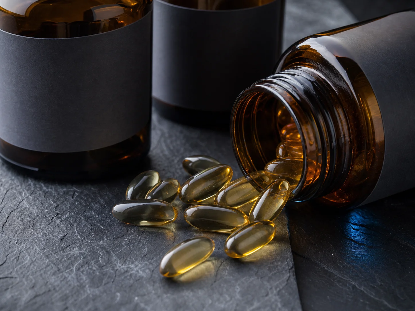 Amber supplement bottles and capsules reviewed during an optimization consult