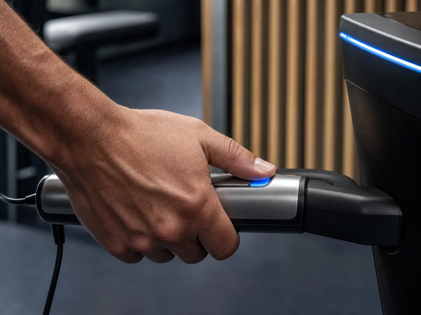 Close-up of body composition analyzer hand electrodes during metabolic testing